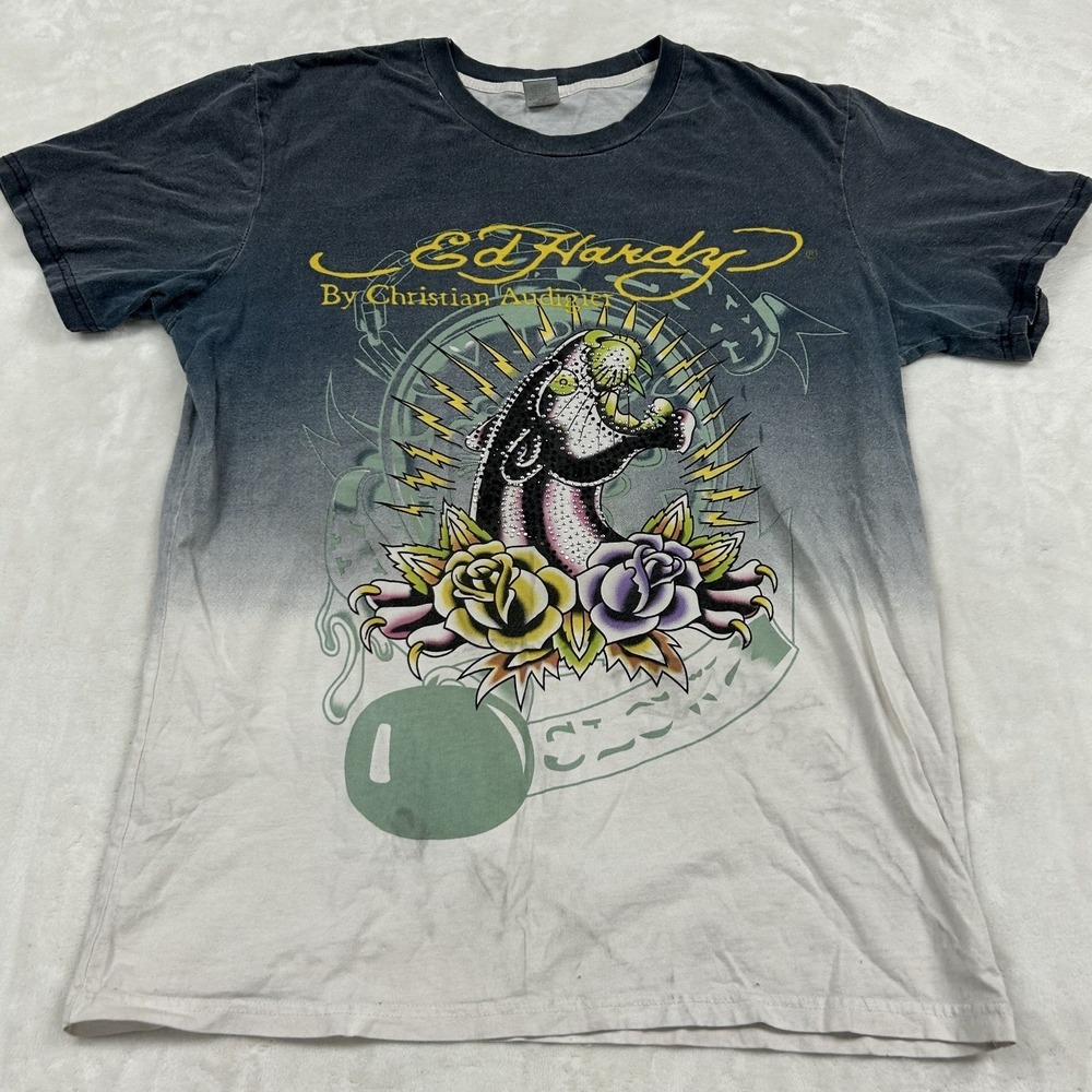 Ed Hardy T-Shirt Mens M Grey White Ombre Panther Skull Tattoo Graphic Tee